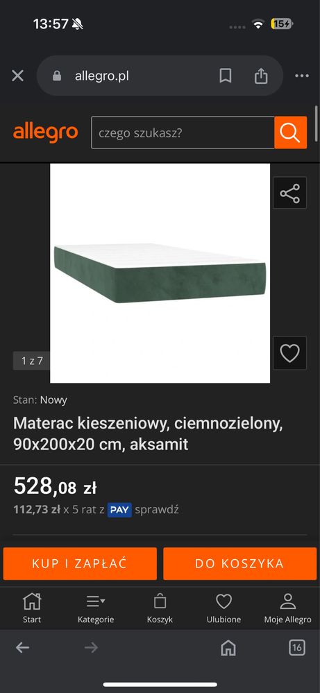 Materac kieszonkowy ciemnozielony 90x200 aksamit nowy okazja!