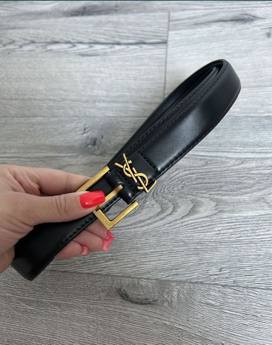 Nowy Skórzany Pasek Damski YSL Yves Saint Laurent Czarny Złoty