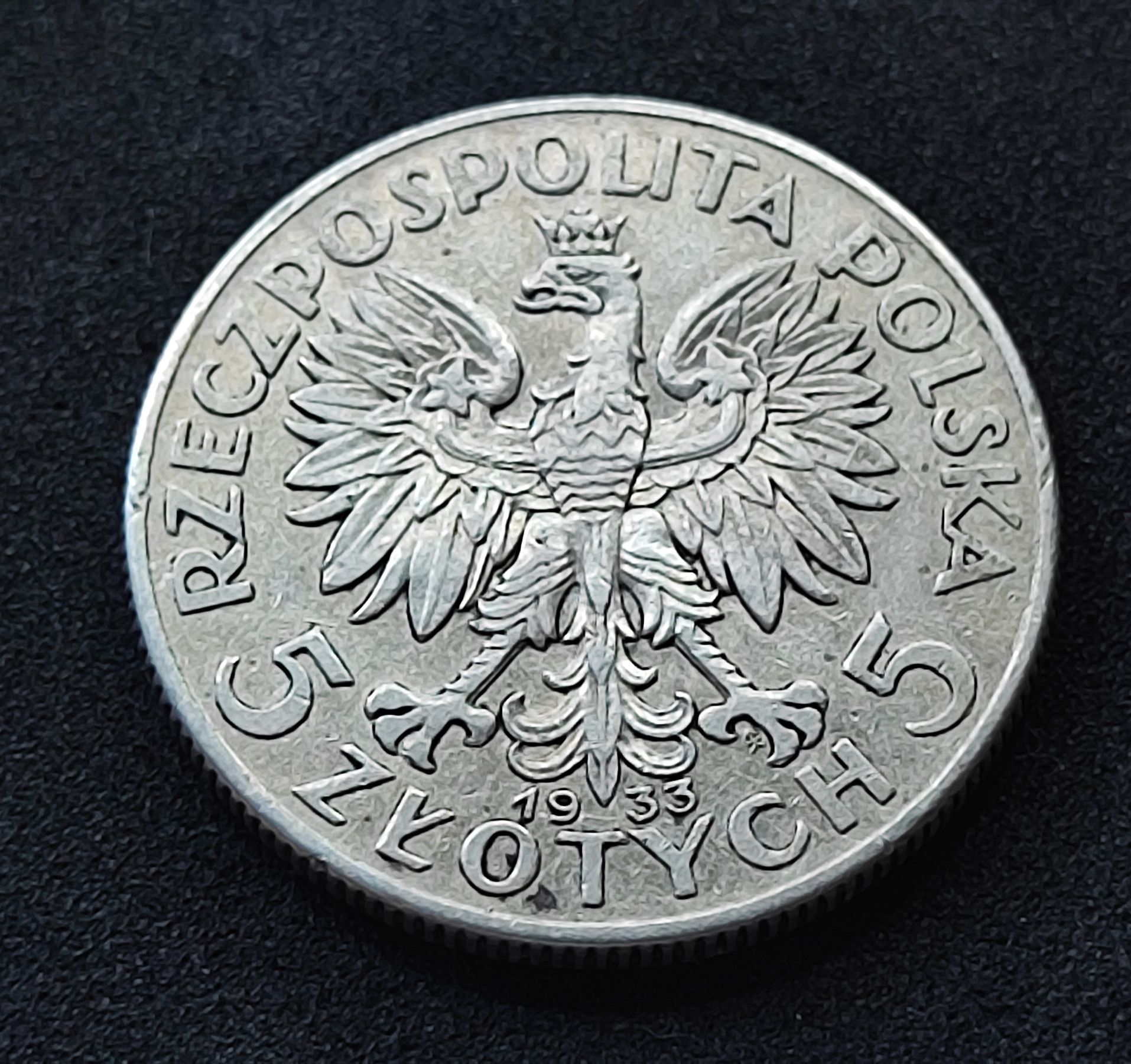 Polonia, głowa kobiety 5 zł 1933 zm srebro