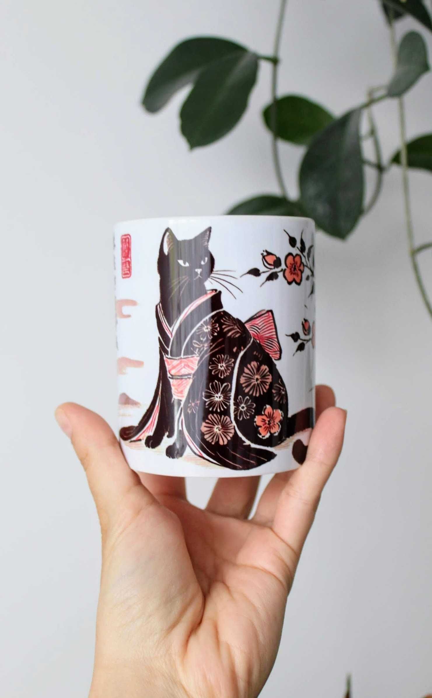 Kubek z kotkiem w kimonie, Kot kimono, japoński czarny kotek, 330ml