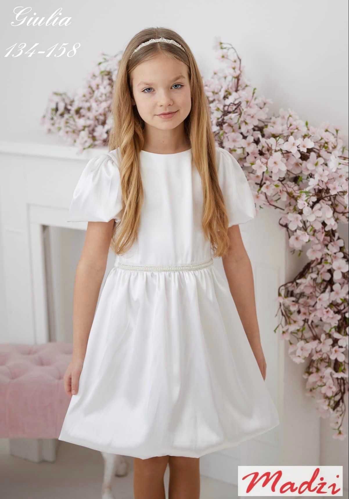 Biała Sukienka komunijna atłasowa dla dziewczynki rozmiar 146