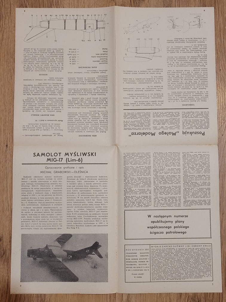 Mały Modelarz Nr 6/1986r Samolot Mig-17, model kartonowy