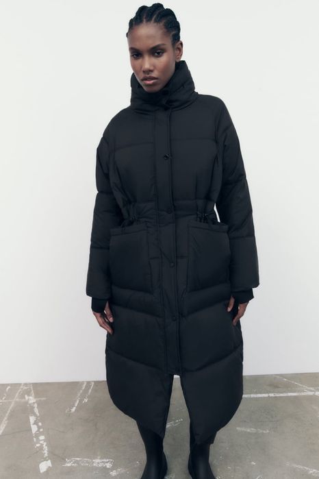 Жіночa довга куртка пуховик ZARA шапка hm