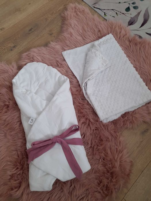 Komplet do chrztu, rożek i biały kocyk minky
