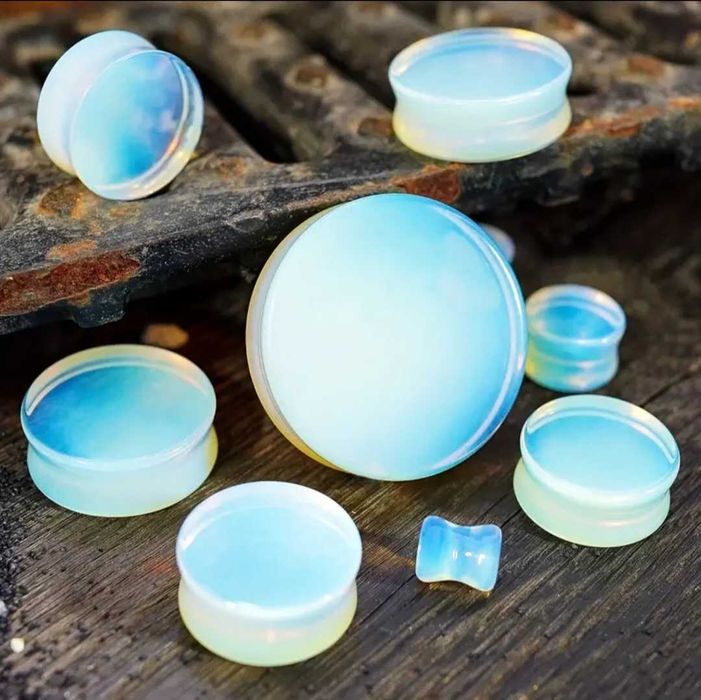 Brincos piercings alargadores tuneis plugs pedra opalita de orelha