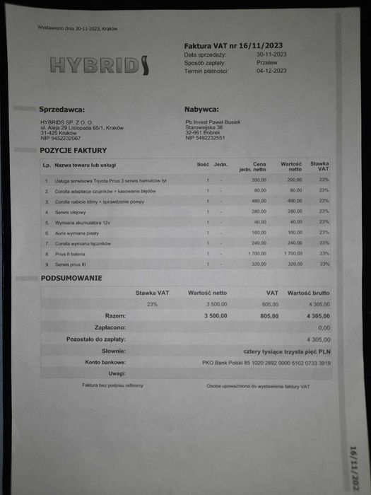 Toyota Prius 2006 LPG – uszkodzony blok silnika 2 cm – silnik sprawny