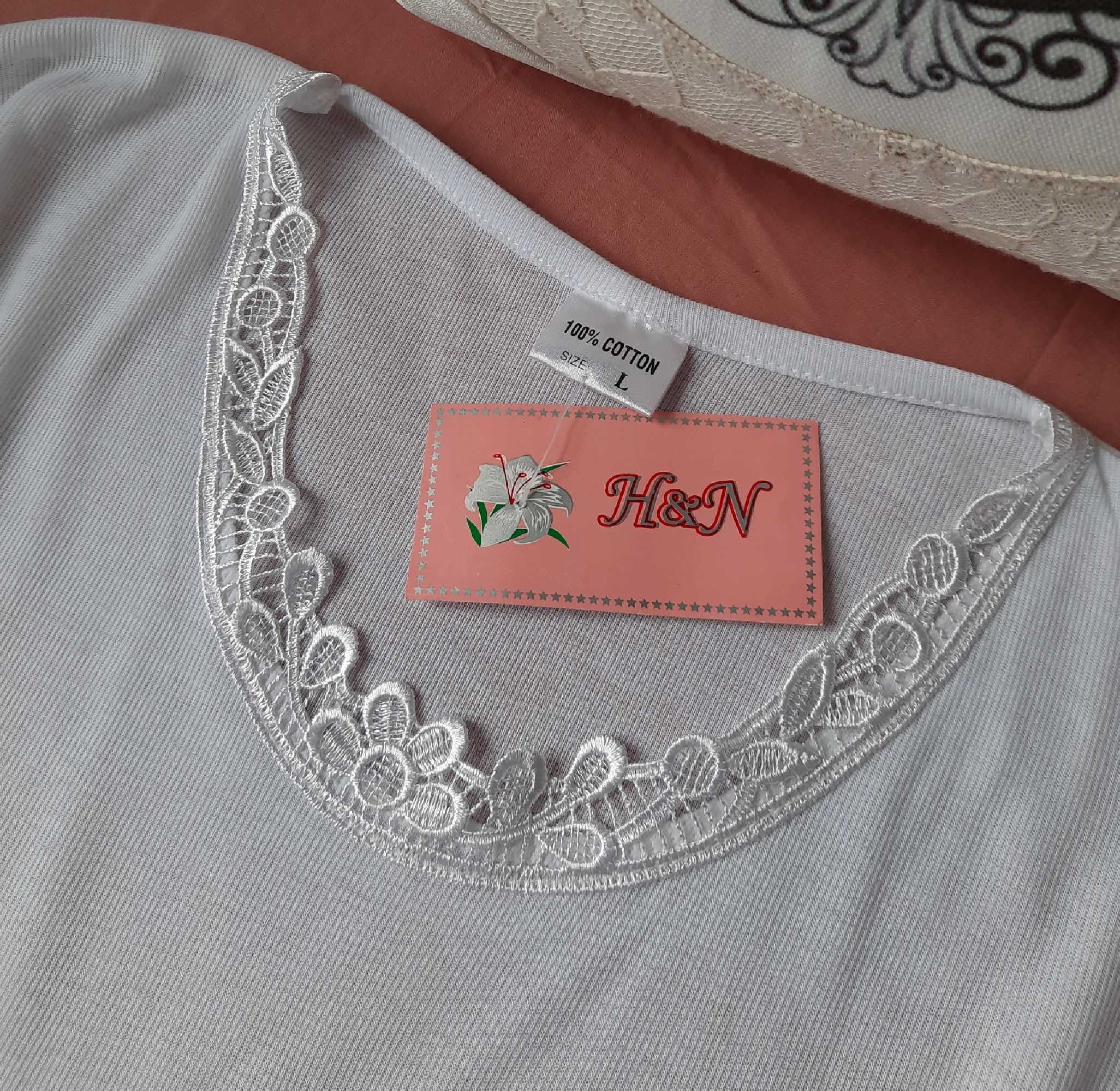 Biała z koronką Bawełna koszulka bluzka t-shirt bielizna L M/L