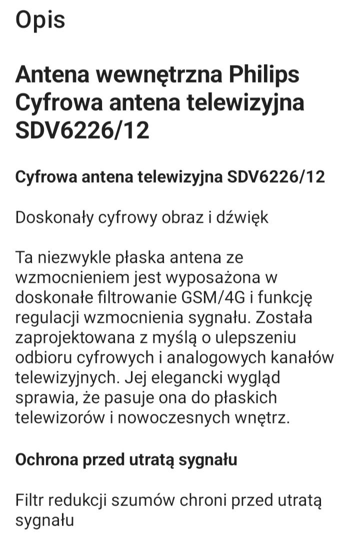 Cyfrowa wewnętrzna antena telewizyjna Philips