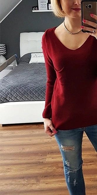 Sweter Bordowy Burgundowy Wycięte Rękawy Kieszonka Modny Klasyczny