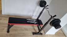 Ławeczka treningowa, gryf lekko łamany 120cm, hantle, obciążenia 30kg