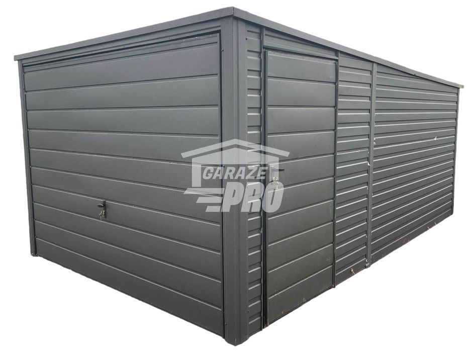 Garaż blaszany 3x5m  Brama + drzwi  Antracyt Dach spad w tył GP229