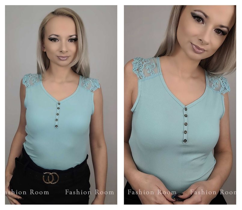 6KOLORÓW Bluzka elastyczna koronka r.Uni Top bambus TU KOLOR NIEBIESKI