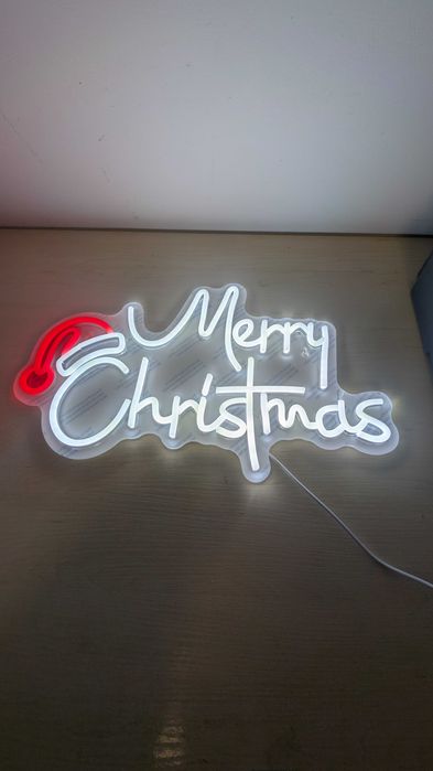 Neon Merry CHRISTMAS napis na ściane LED prezent święta Mikołaj jasny