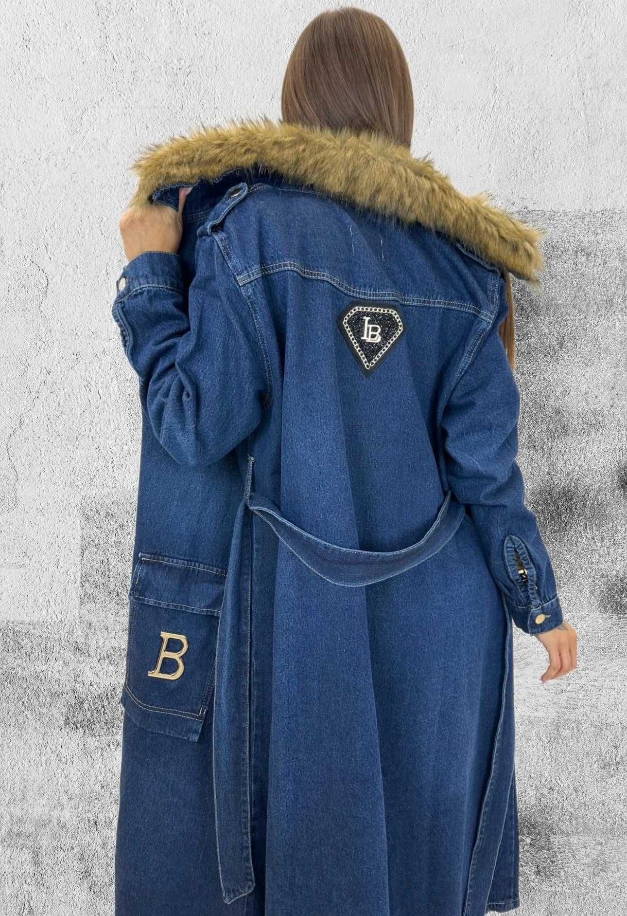 Elegancki paszcz Jeans Lola Bianka z futerkiem plus size