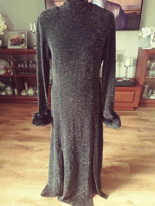 Sukienka wieczorowa czarno srebrna dluga 40