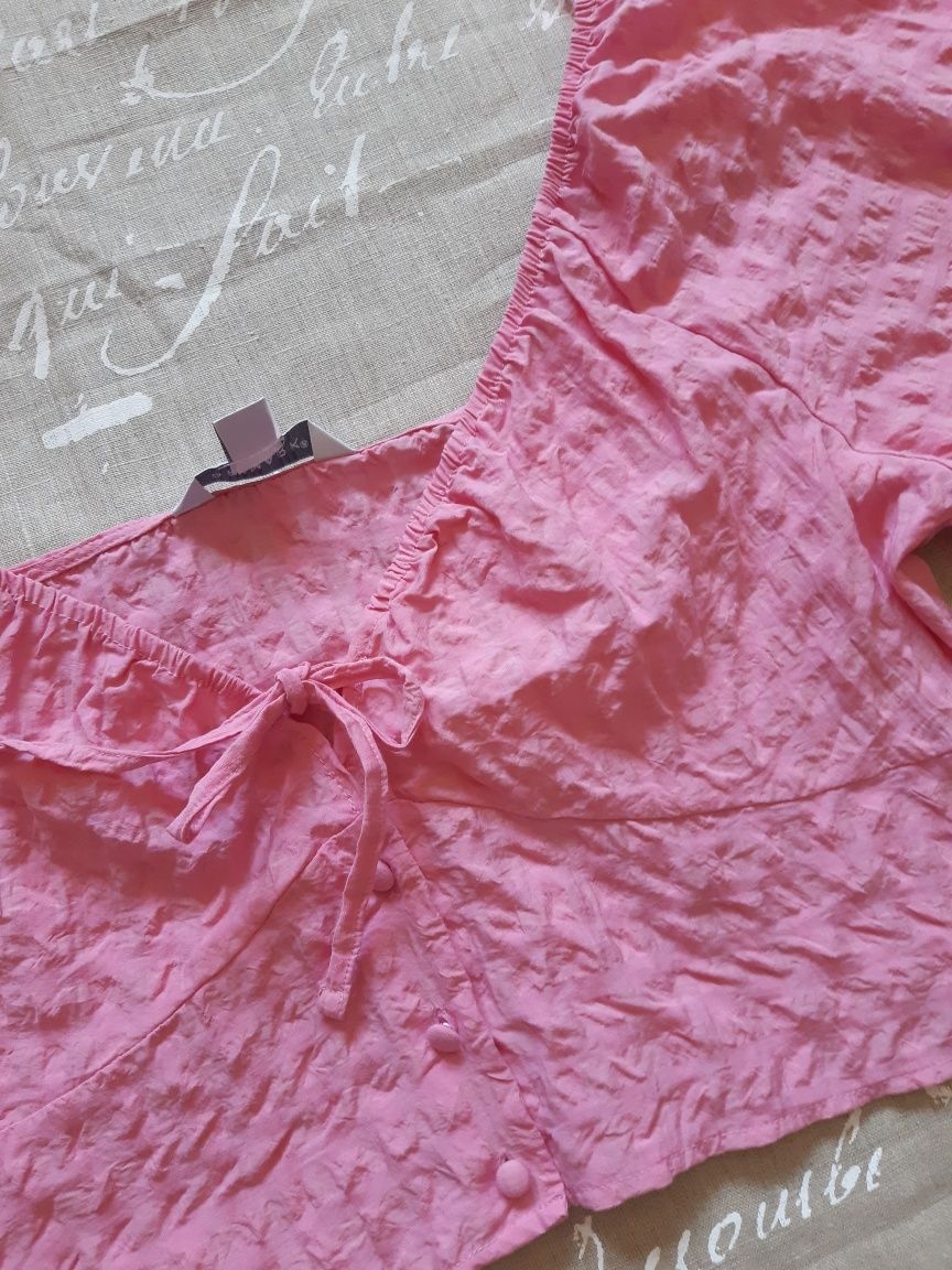 Różowa krótka bluzka z bufiastymi rękawami XL 42