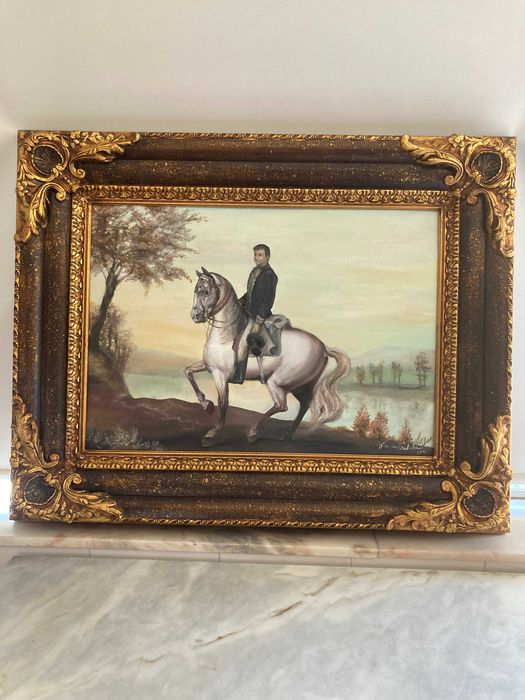 Quadro a óleo com moldura em madeira policromada