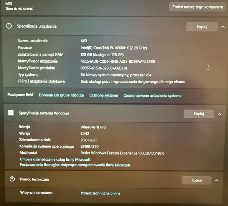 Laptop MSI Titan 18 HX A14VIG-442PL RTX 4090 i9 128 GB RAM 2 TB SSD