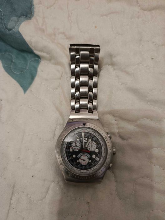 swatch irony chronograph worldtimer raro - aço inox - perfeito estado