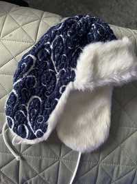 Шапка ушанка женская, синяя, белый искусственный мех морозный узор