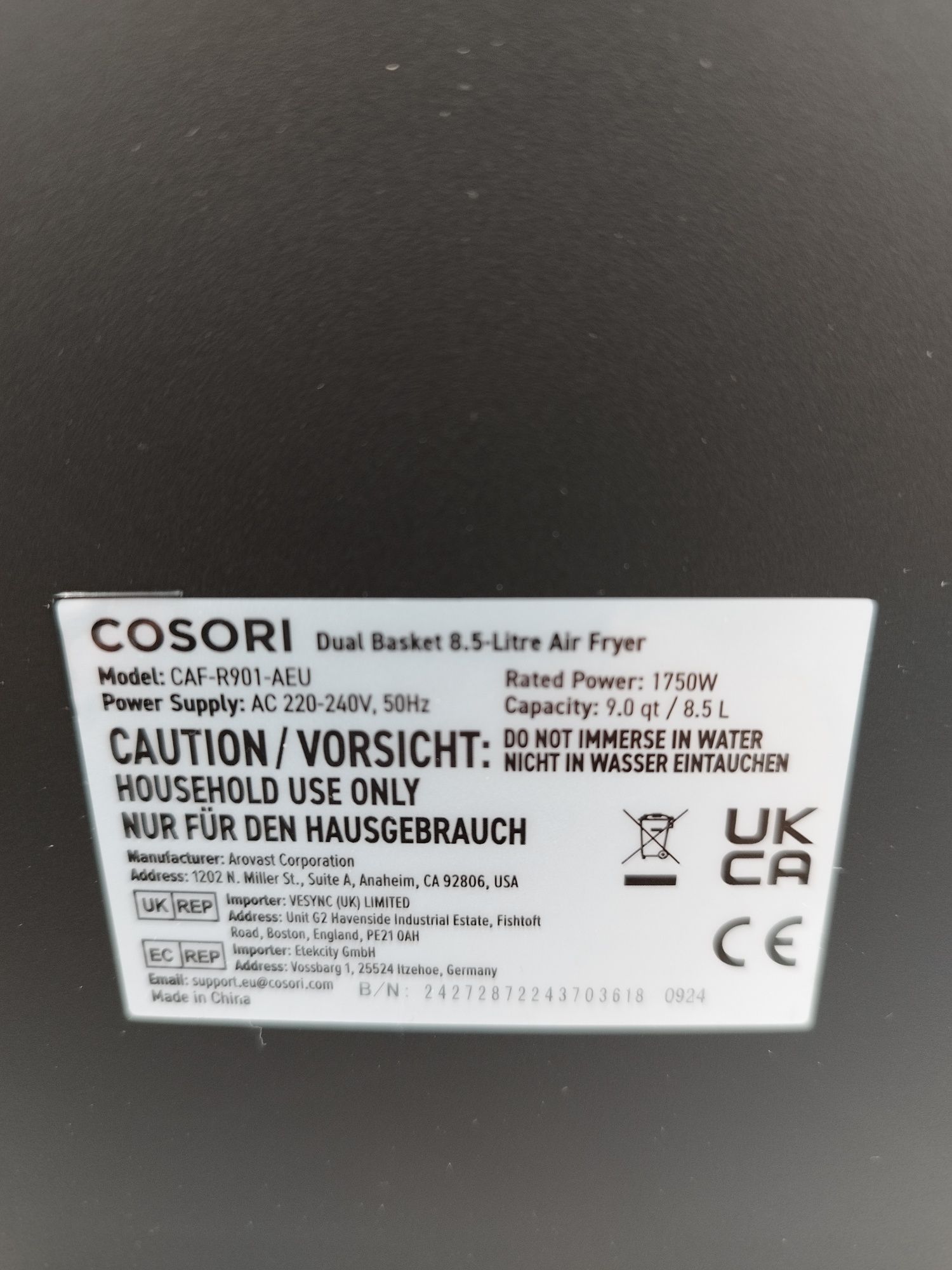 Cosori caf-r901 frytkownica XXL 8.5l dwie szuflady