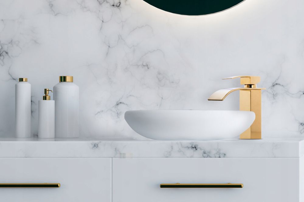 Bateria Umywalkowa Złota Stojąca Kran Kaskada Złoty Do Umywalki Gold