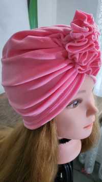 Welurowy turban. Różowy turban. Czapka welurowa