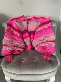 Sweterek Kardigan handmade róż w pasy bufiaste rękawy