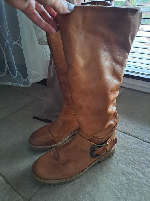 Kozaki, buty zimowe 37, skóra, beż