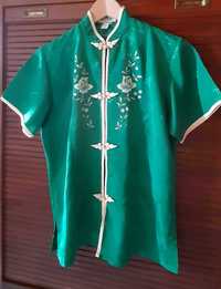 Fato vintage blusa e calças verde oriental