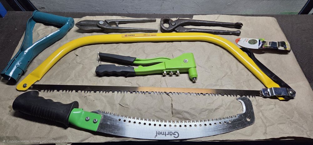 Інструменти, пила лучкова, ножиці, кліщі, заклепочник, котушка