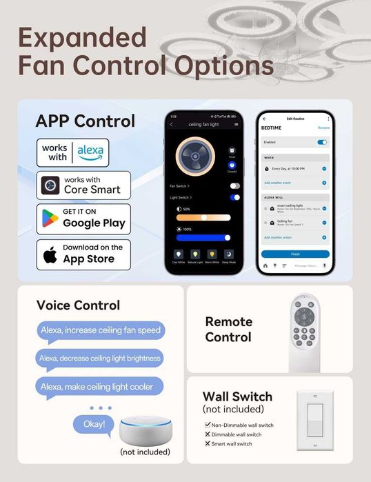 Kryształowy wentylator sufitowy LED z pilotem, ściemniany, elegancki