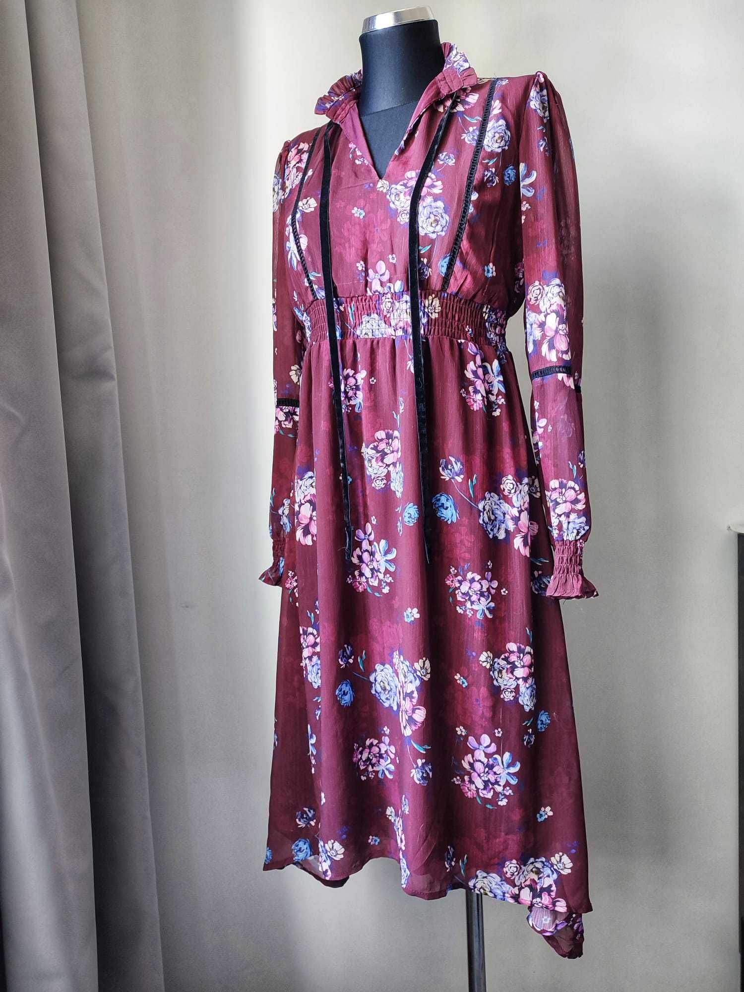 Sukienka boho kwiaty bordo Mohito 34 XS