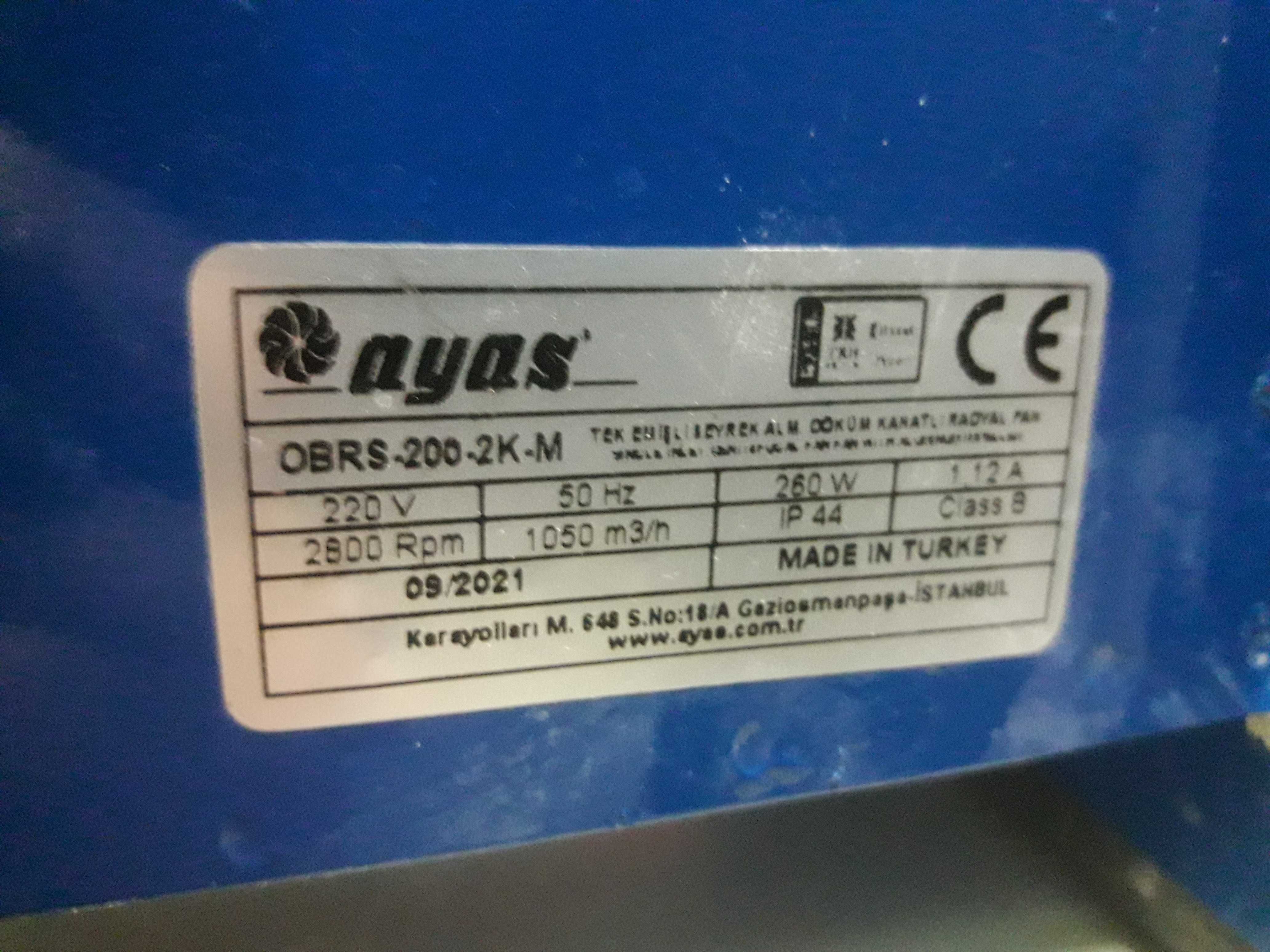 Вытяжной вентилятор Ayas OBRS 200-2K-M  1850 м3\час, 220 V,  вес 10 кг