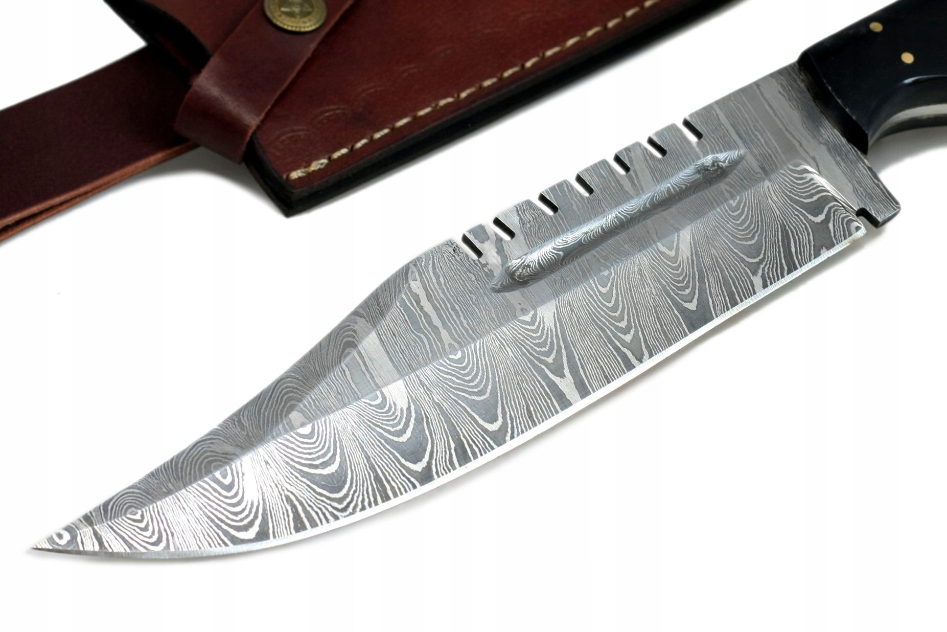 Nóż ręcznie wykonany Bowie survival stal damasceńska skórzane etui 758