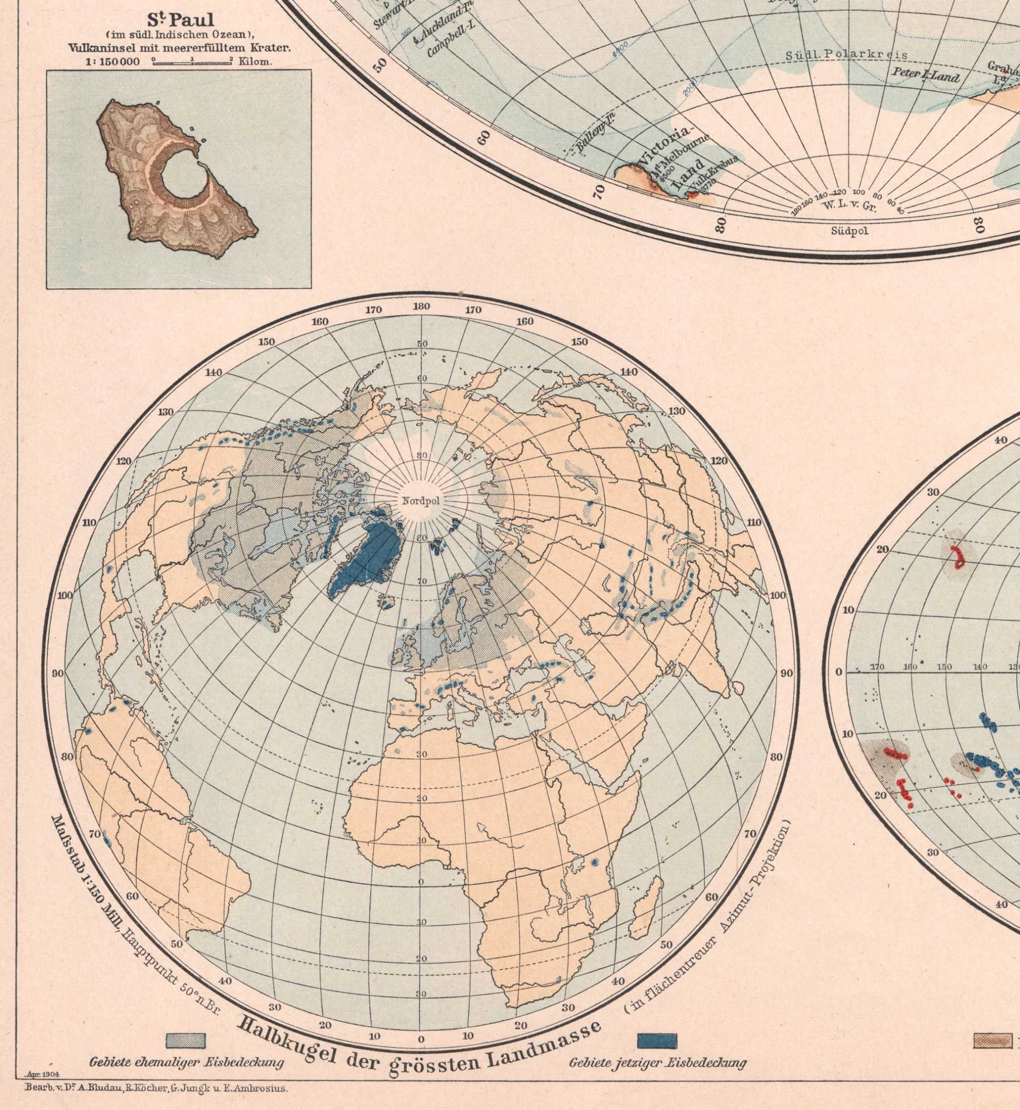 Planigloby Duża efektowna ck-mapa świata Wiedeń 1902 r. autentyk
