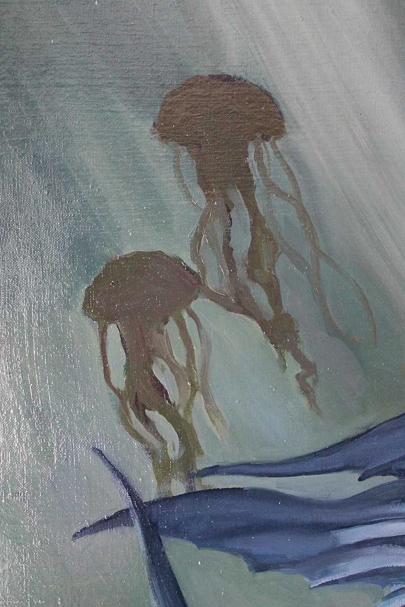 SYRENA pośród meduz fantasy mermaid duży obraz olejny 100x60 cm