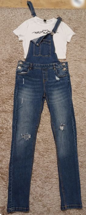 Zestaw Jeansowe ogrodniczki i top. Ogrodniczki z długimi nogawkami