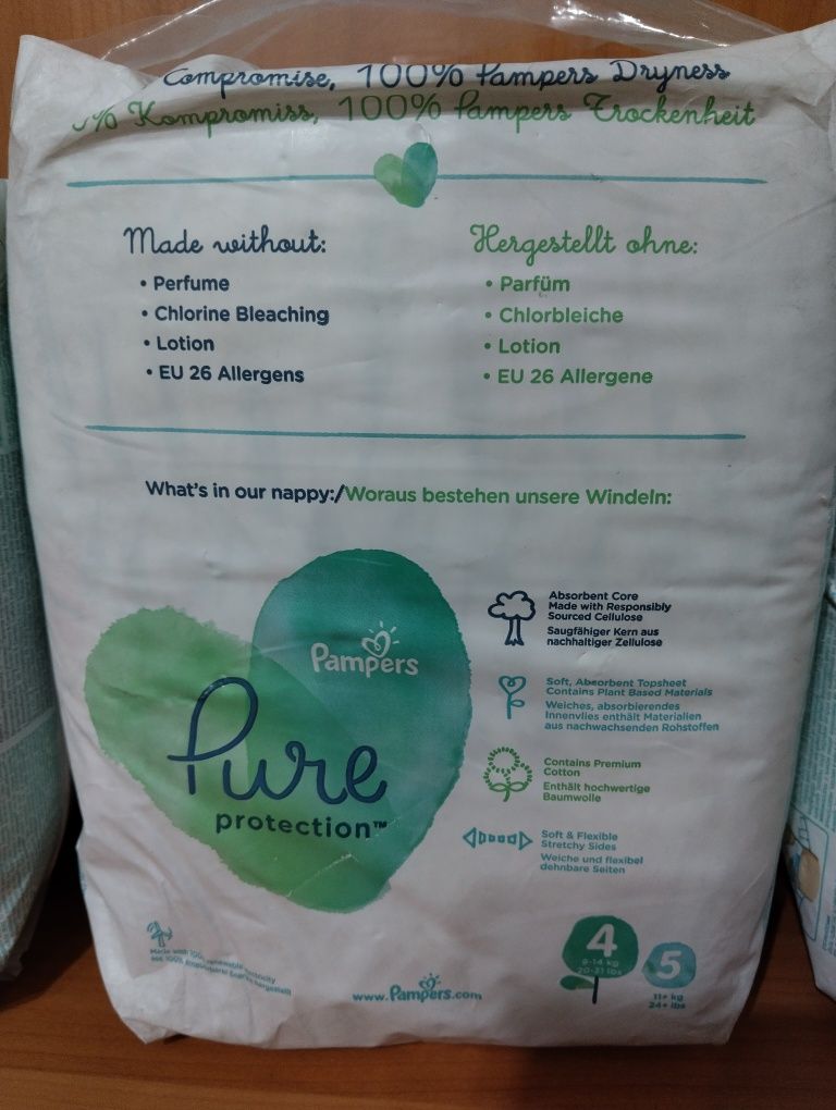 Pampers Pure Protection, размеры 3 (6-10 кг), 4 (10-14 кг), 22 штуки