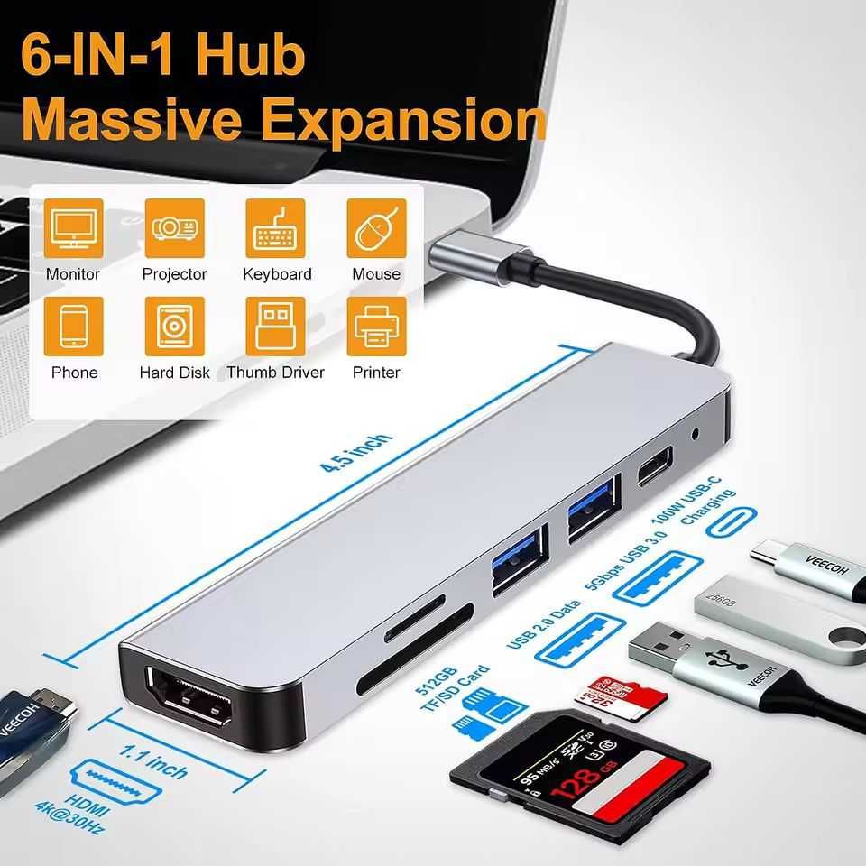 Адаптер Usb c Hub type c 6 в 1 HDMI 4K 30hz PD SD TF macbook usb 3.0