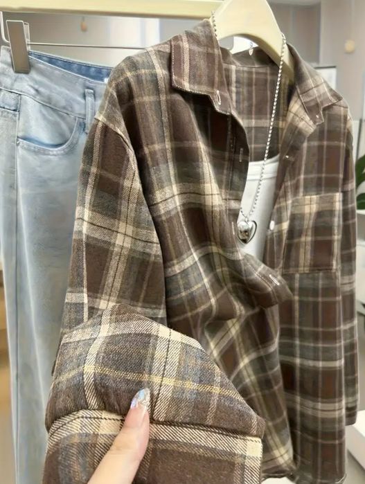 картата сорочка, рубашка в клітинку оверсайз коричнева
