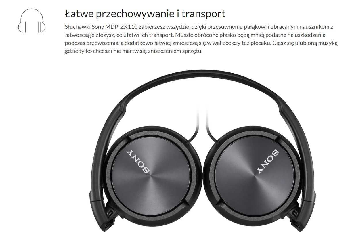 Słuchawki Sony MDR-ZX110 czarne nowy komplet gwarancja