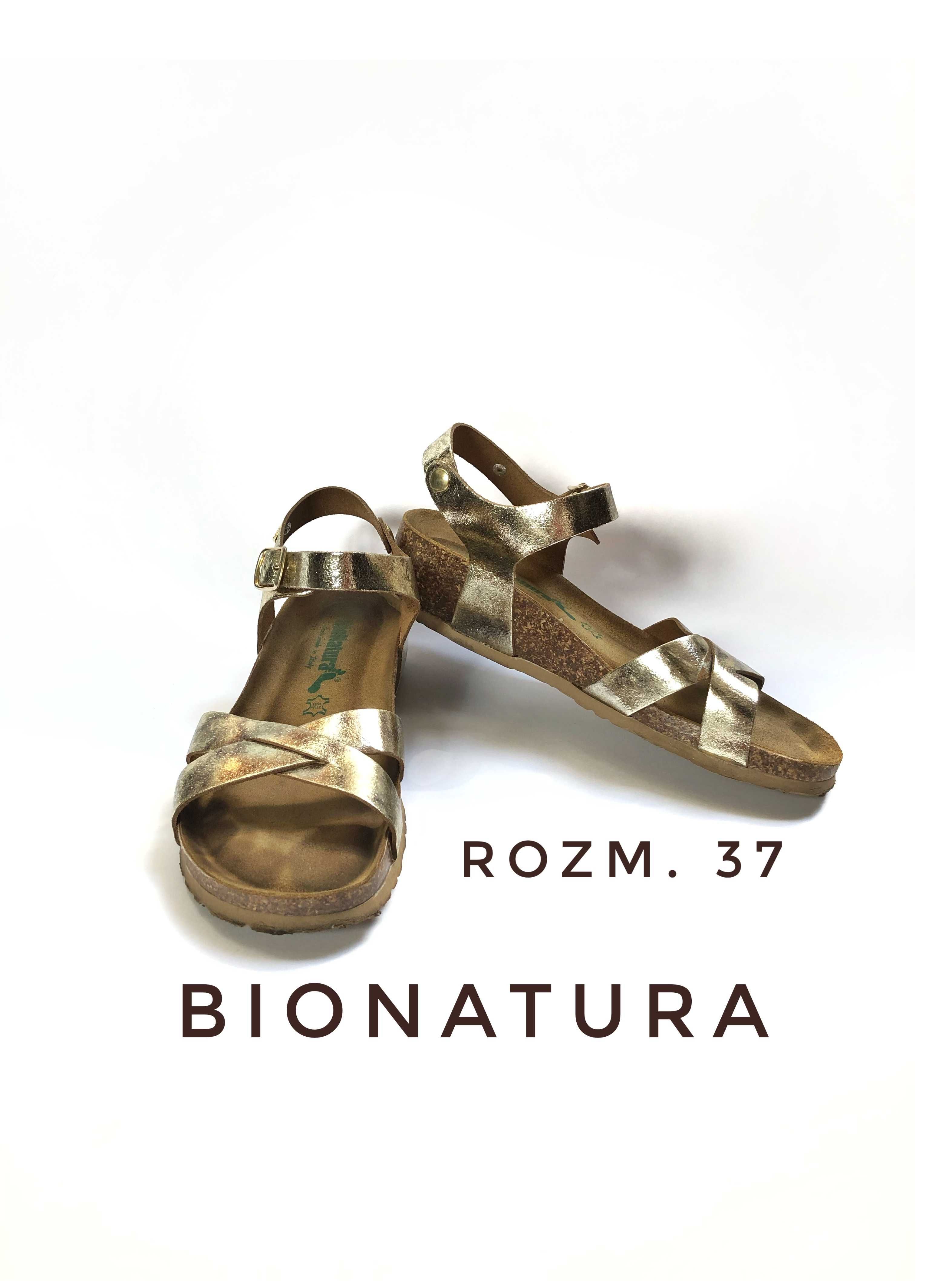 Sandały złote na korkowej podeszwie skórzane BioNatura rozm. 37