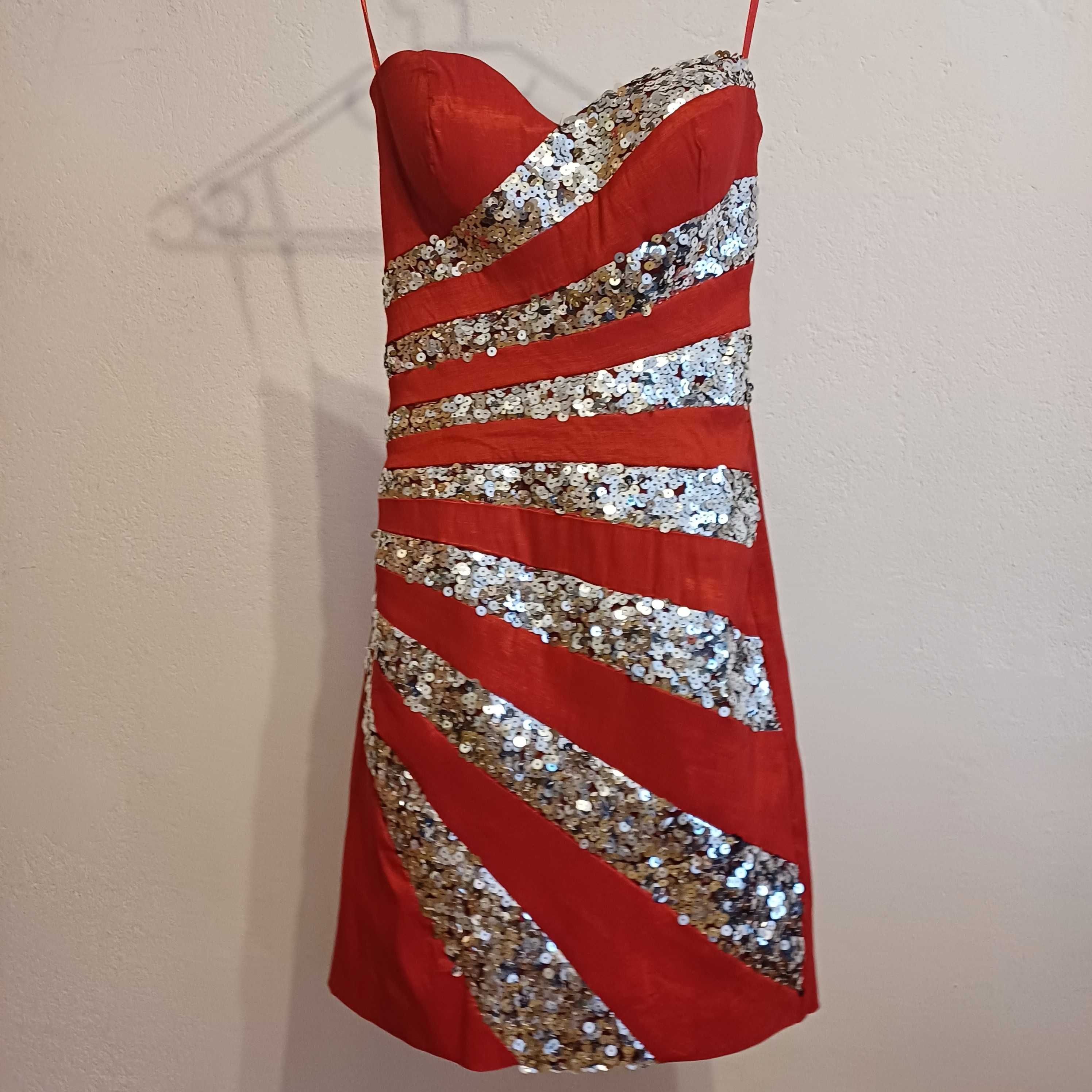 krótka mini czerwona srebrna sukienka sylwester karnawał cekiny 36 S