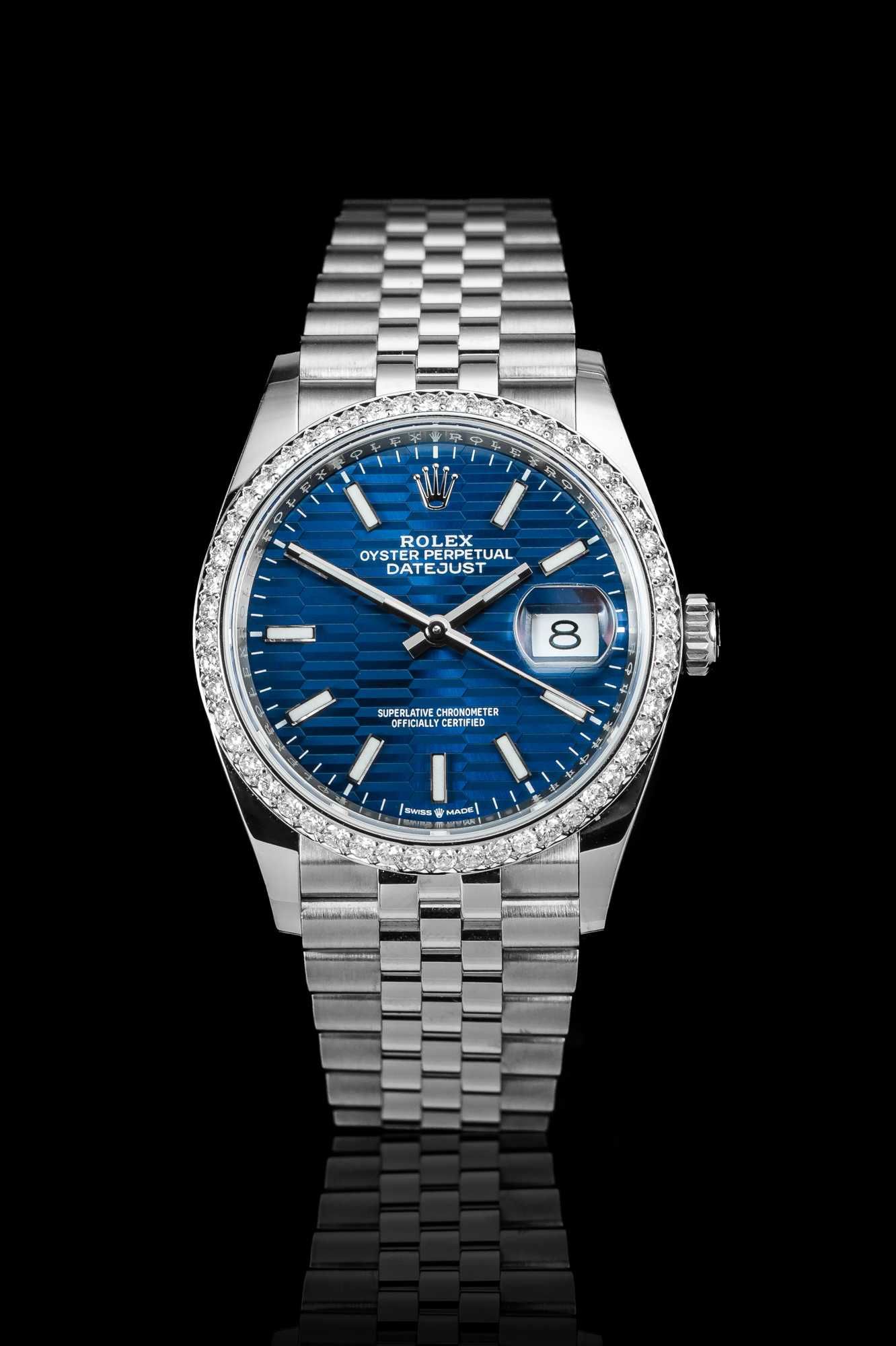 ROLEX DATEJUST 36 z brylantami / 2021 niebieska tarcza Fluted Motif