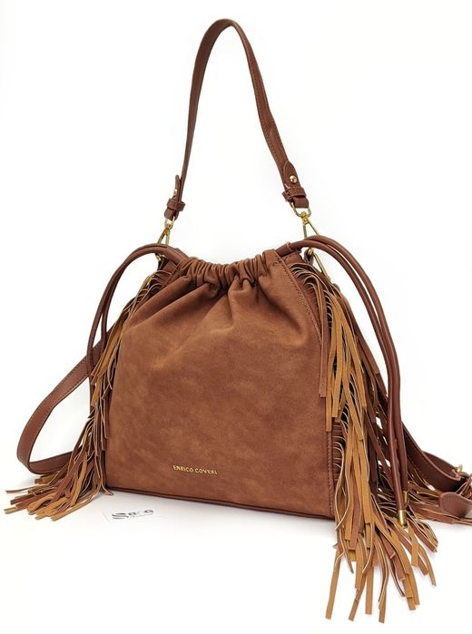 Elegancka Torebka Listonoszka Worek z Frędzlami Styl Boho Western Brąz