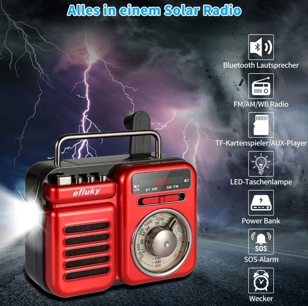 Radio przenośne Efluky retro Bluetooth dynamo z korbą solar led SOS.