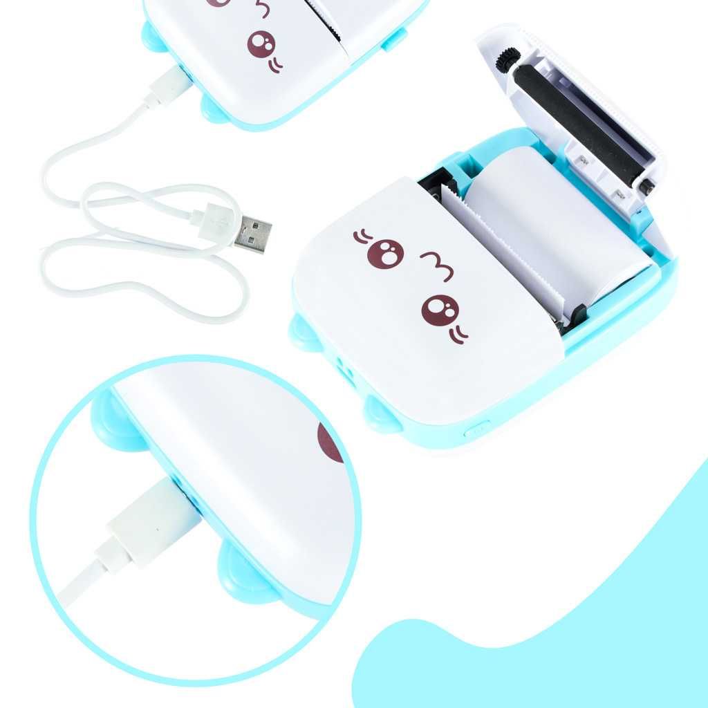 Kotek drukarka mini termiczna do zdjęć etykiet + kabel USB niebieski