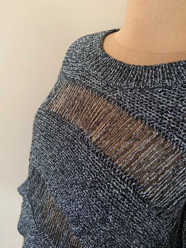 40 42 metaliczny sweter dziury nietoperz oversize srebrna nitka