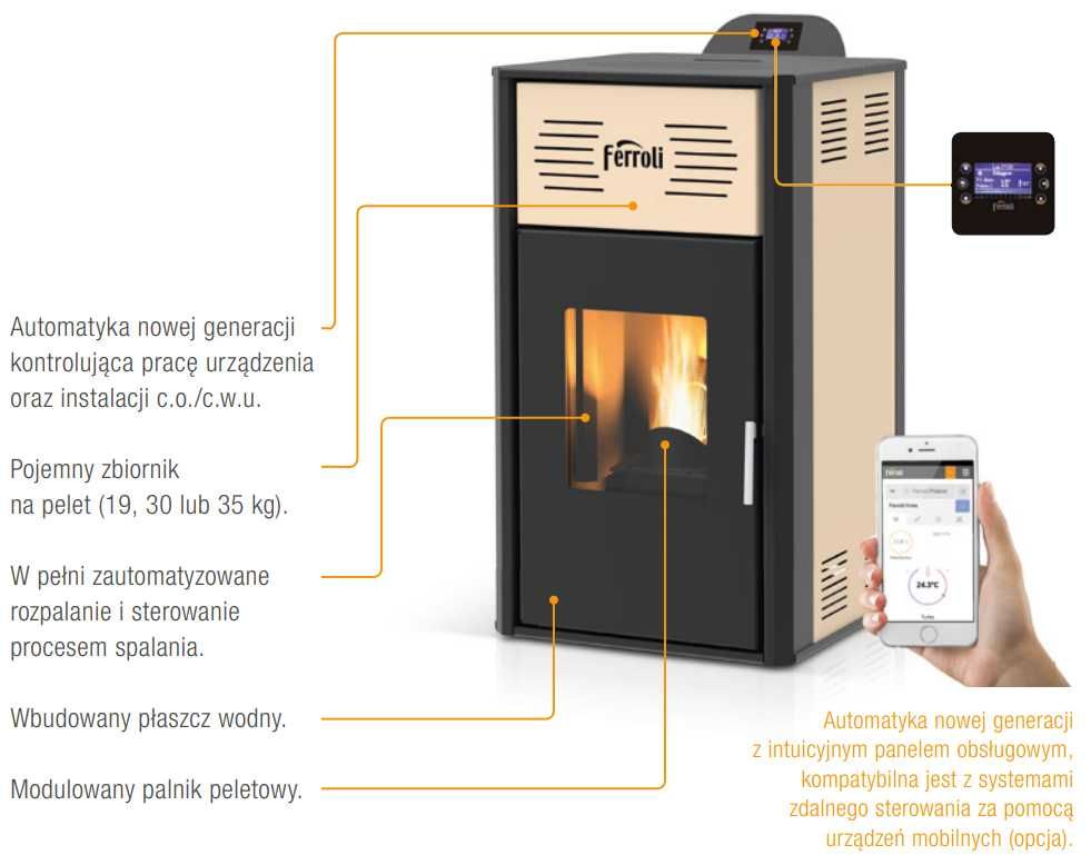 Piec stalowy Ferroli BRETA na pellet 12KW Z PŁASZCZEM